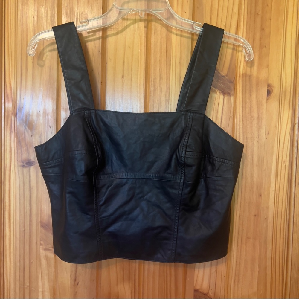 Trouve Black Real Soft Lambskin Leather Fitted Bustier Tank Top